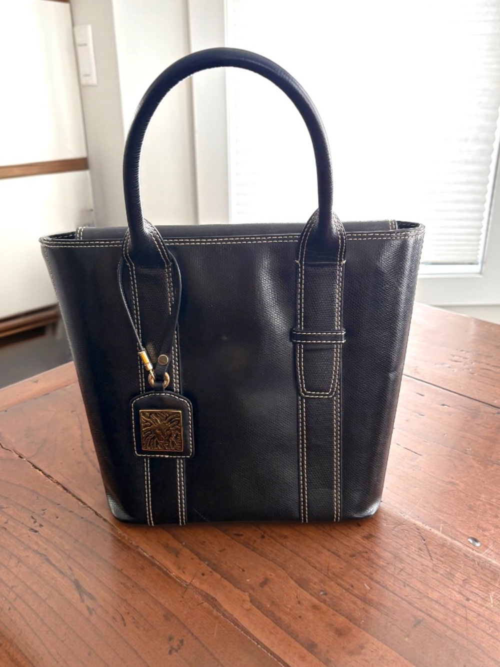 Anne Klein Vintage Lion Logo Charm Tote Bag Black Faux Leather